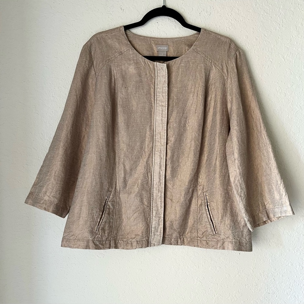 Chico's Casual Boxy Relaxed 100% Linen Modern Gold Foil Zip Up Jacket XL